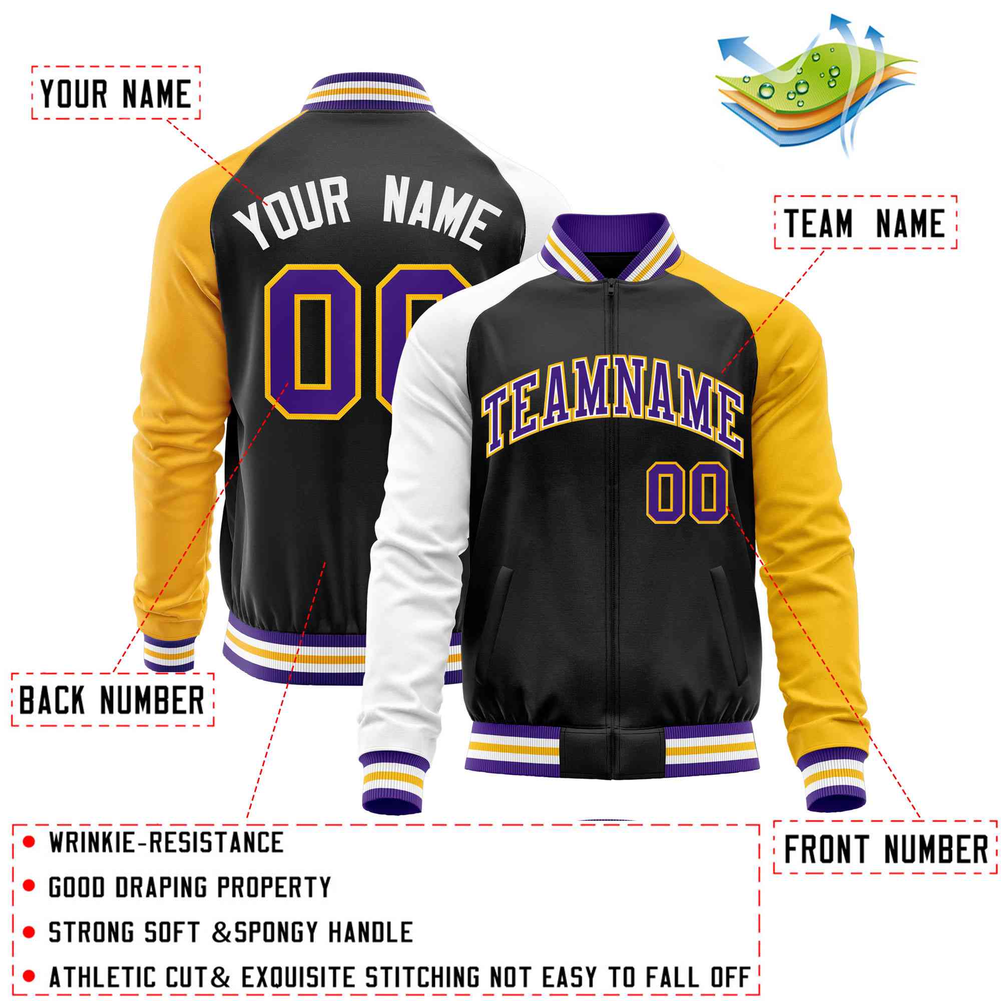 Custom Black Yellow-White Varsity Full-Zip Raglan Sleeves Letterman Baseball Jacket