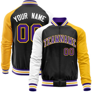 Custom Black Yellow-White Varsity Full-Zip Raglan Sleeves Letterman Baseball Jacket