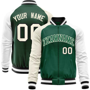 Custom Green White-Cream Varsity Full-Zip Raglan Sleeves Letterman Baseball Jacket