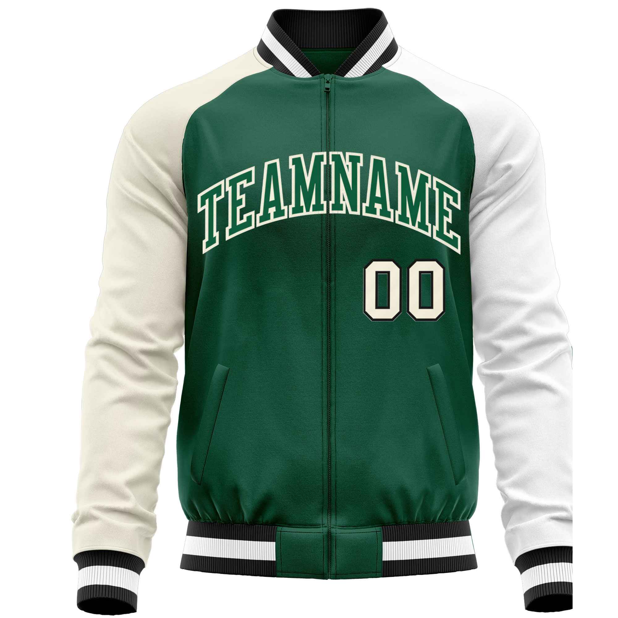 Custom Green White-Cream Varsity Full-Zip Raglan Sleeves Letterman Baseball Jacket