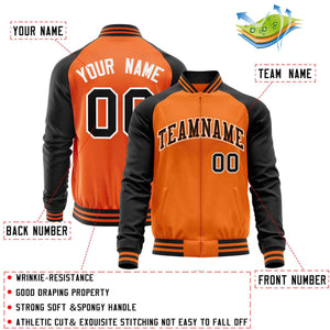 Custom Orange Black Varsity Full-Zip Raglan Sleeves Letterman Baseball Jacket