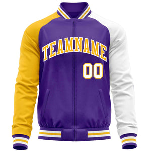 Custom Purple White-Yellow Varsity Full-Zip Raglan Sleeves Letterman Baseball Jacket