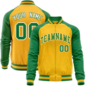 Custom Yellow Kelly Green Varsity Full-Zip Raglan Sleeves Letterman Baseball Jacket