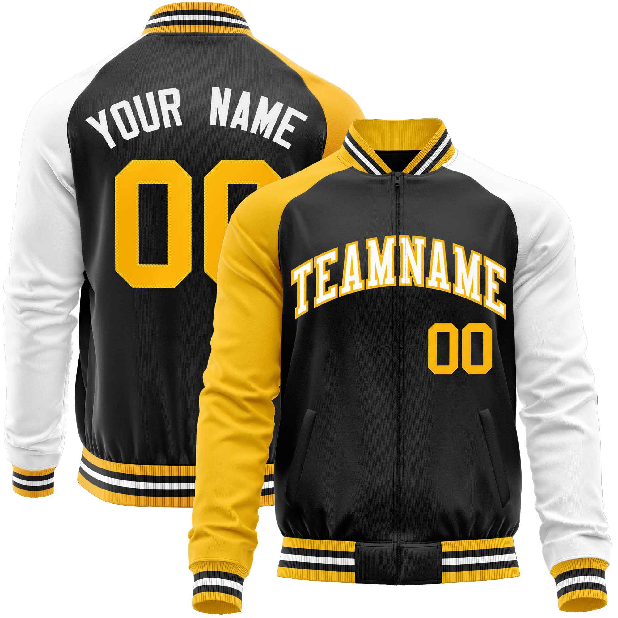 Custom Black White-Yellow Varsity Full-Zip Raglan Sleeves Letterman Baseball Jacket