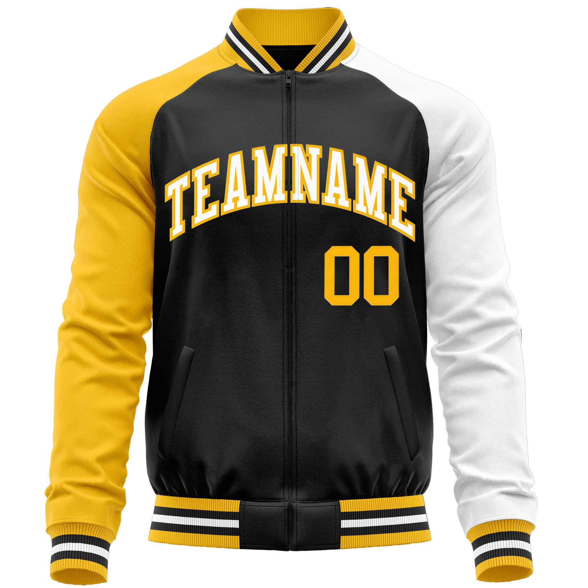 Custom Black White-Yellow Varsity Full-Zip Raglan Sleeves Letterman Baseball Jacket