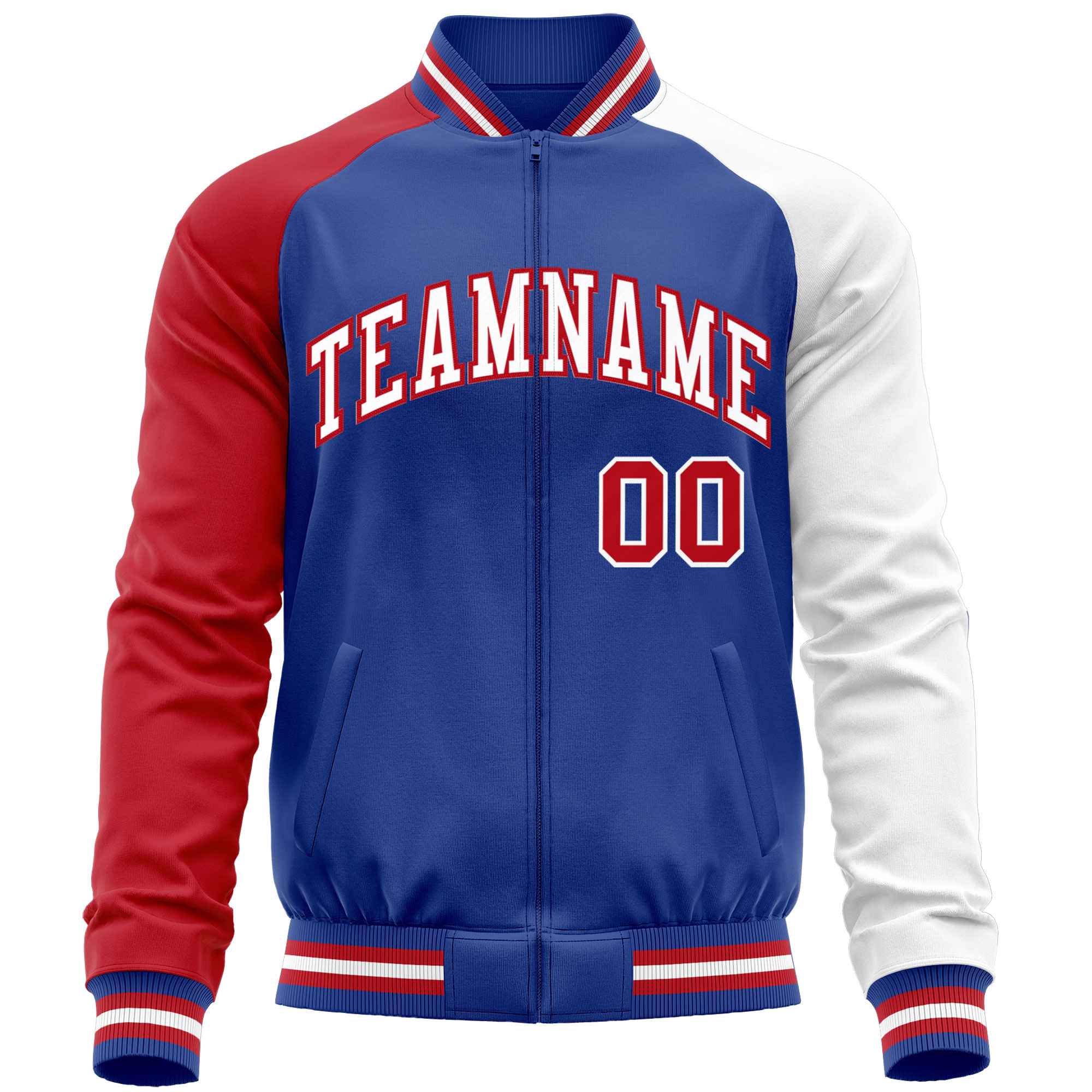 Custom Royal White-Red Varsity Full-Zip Raglan Sleeves Letterman Baseball Jacket