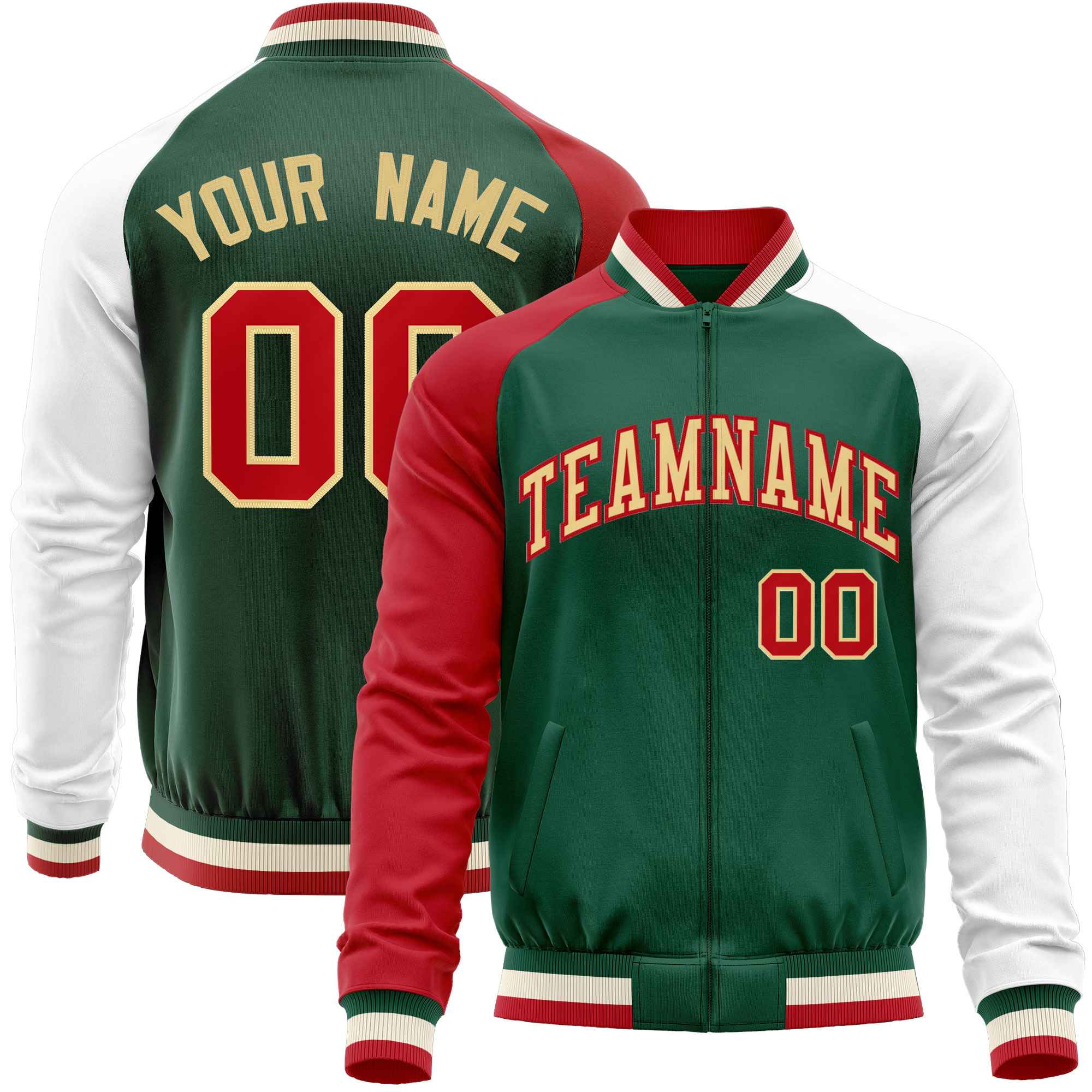 Custom Green White-Red Varsity Full-Zip Raglan Sleeves Letterman Baseball Jacket