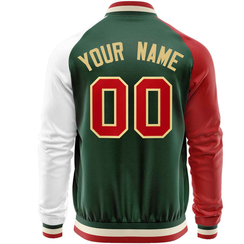 Custom Green White-Red Varsity Full-Zip Raglan Sleeves Letterman Baseball Jacket