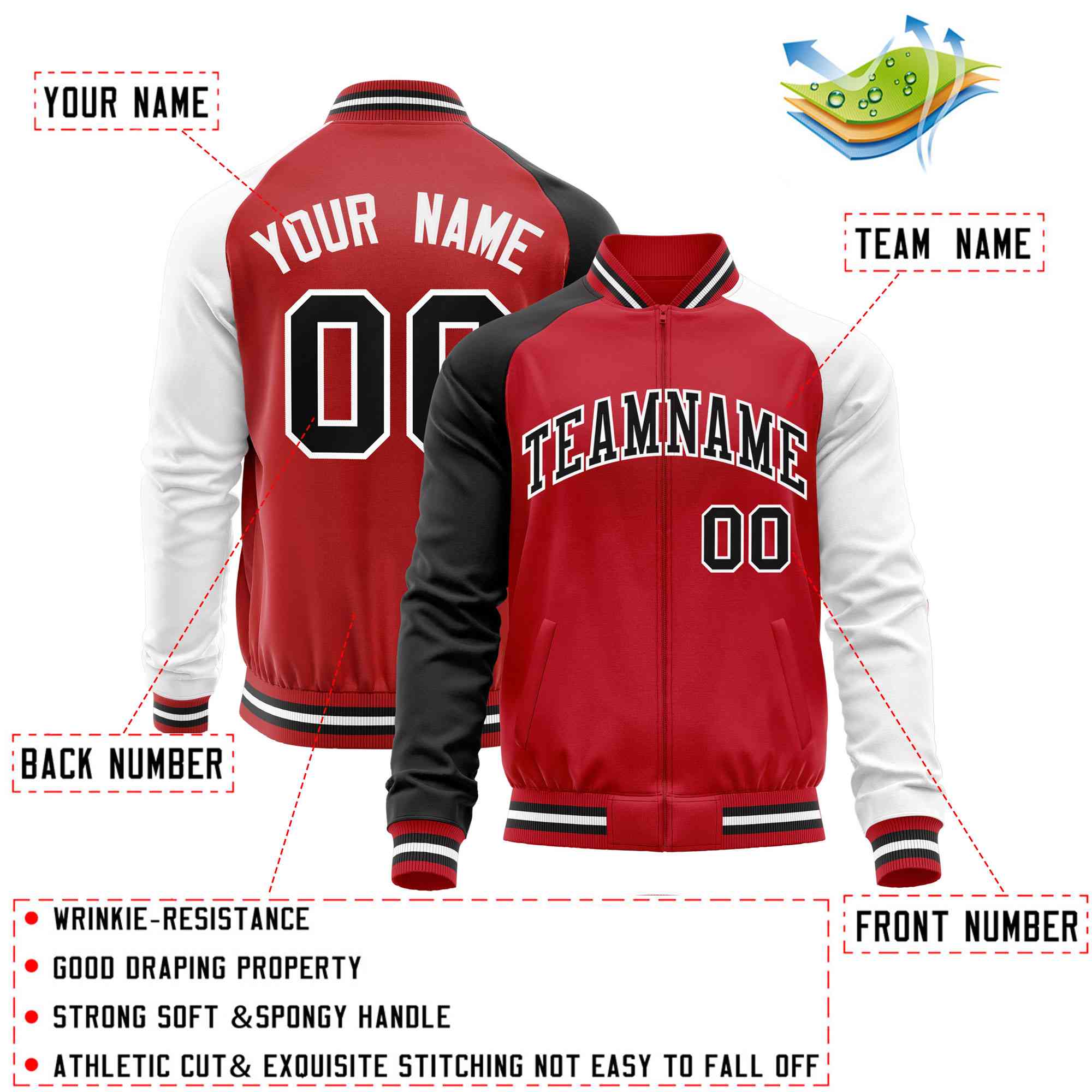 Custom Red White-Black Varsity Full-Zip Raglan Sleeves Letterman Baseball Jacket