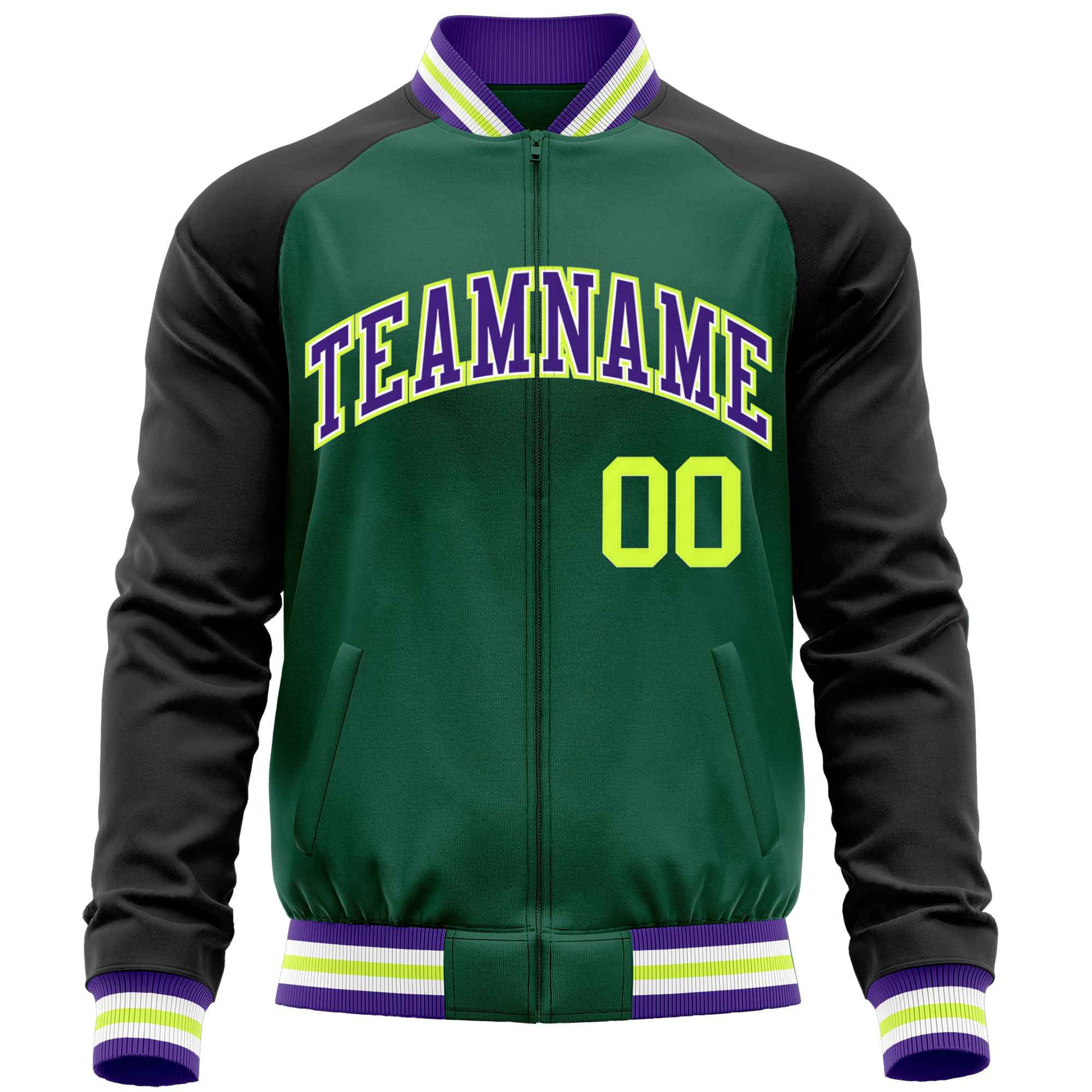 Custom Green Black Varsity Full-Zip Raglan Sleeves Letterman Baseball Jacket