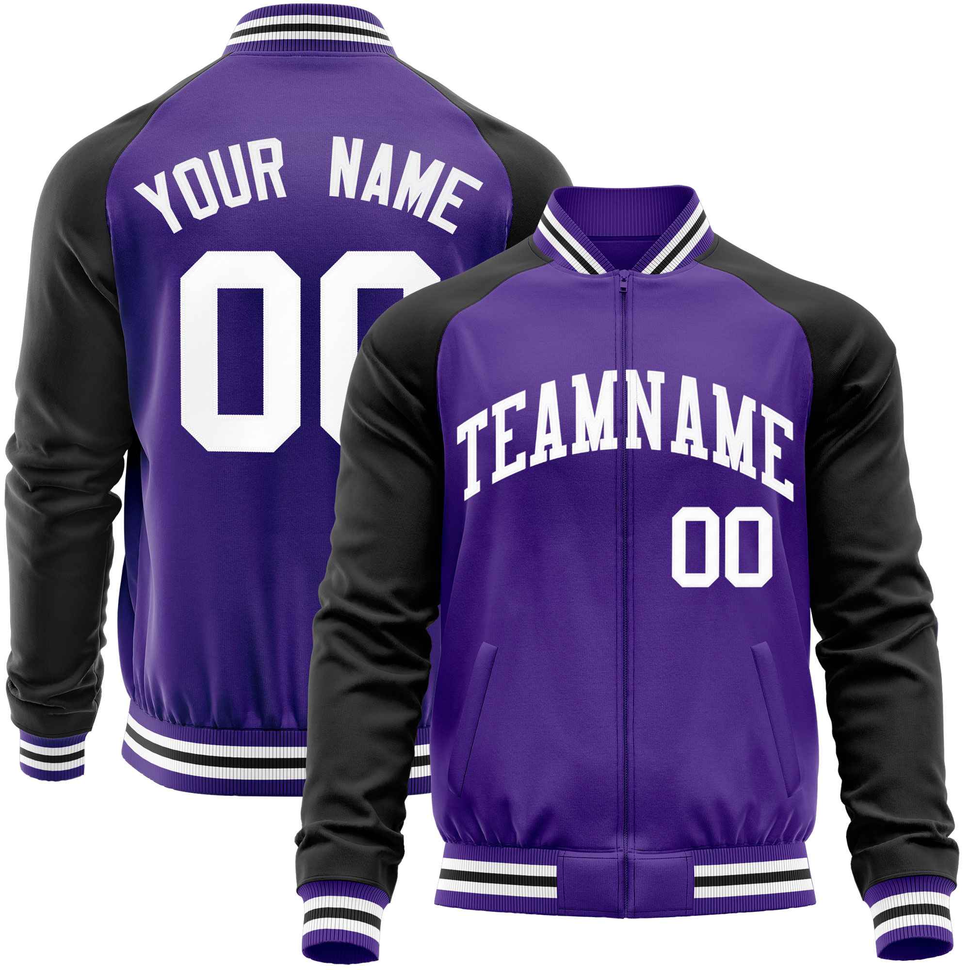 Custom Purple Black Varsity Full-Zip Raglan Sleeves Letterman Baseball Jacket