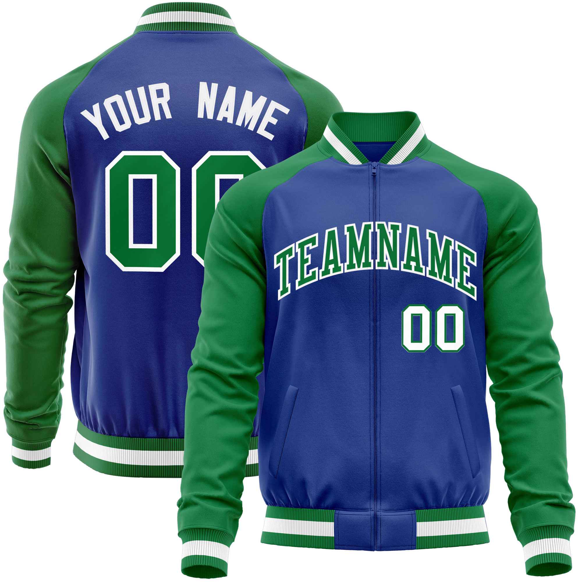 Custom Royal Kelly Green Varsity Full-Zip Raglan Sleeves Letterman Baseball Jacket