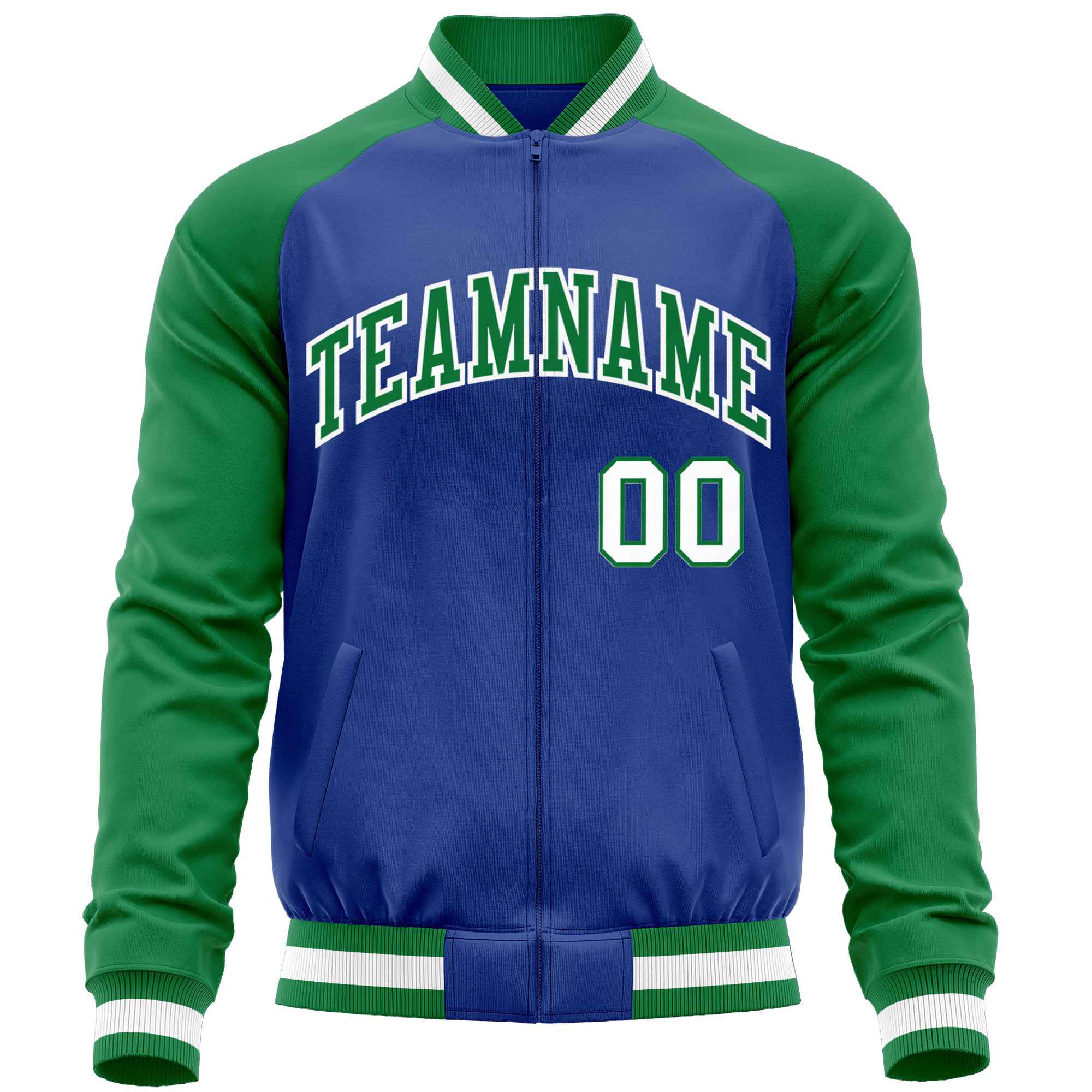 Custom Royal Kelly Green Varsity Full-Zip Raglan Sleeves Letterman Baseball Jacket