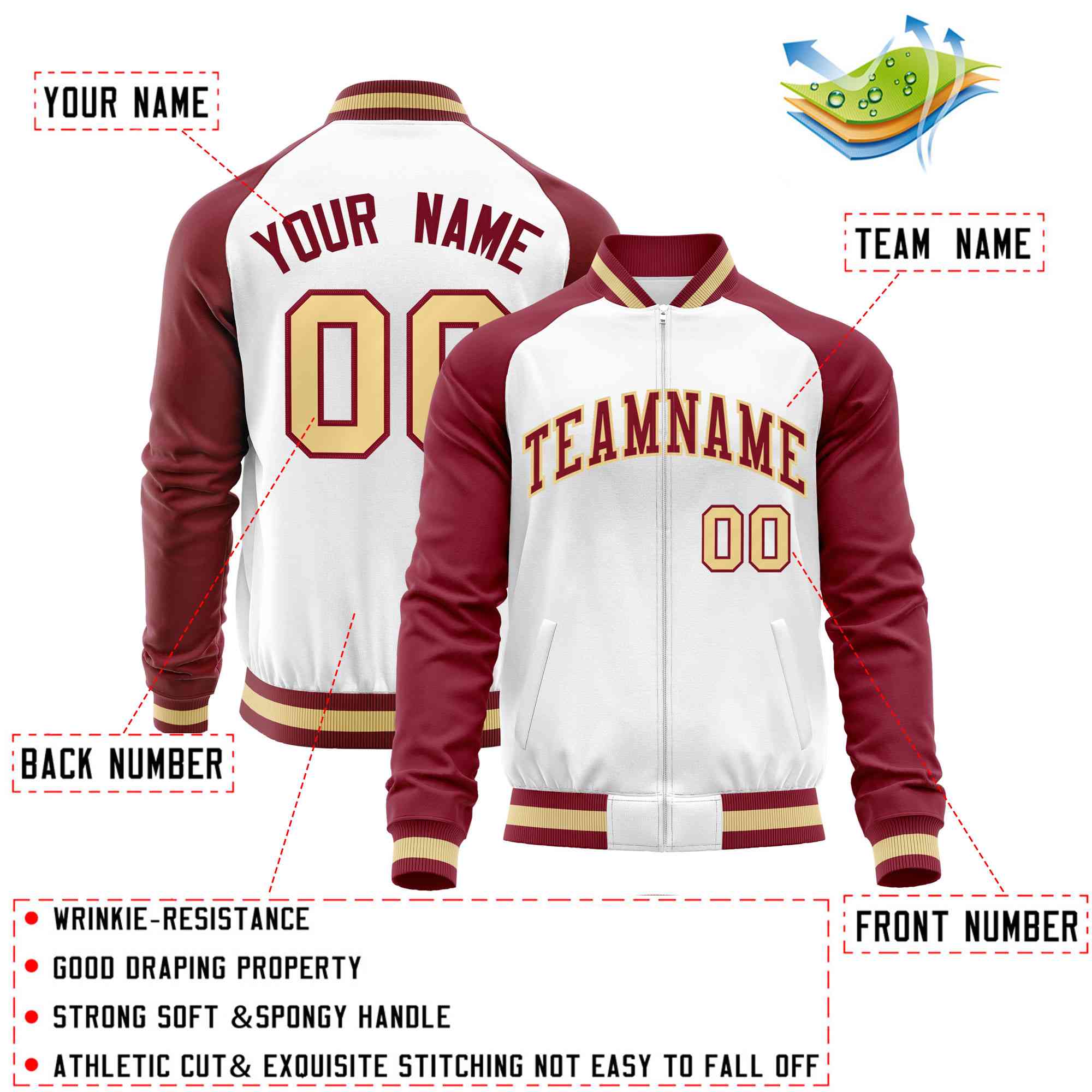 Custom White Crimson Varsity Full-Zip Raglan Sleeves Letterman Baseball Jacket