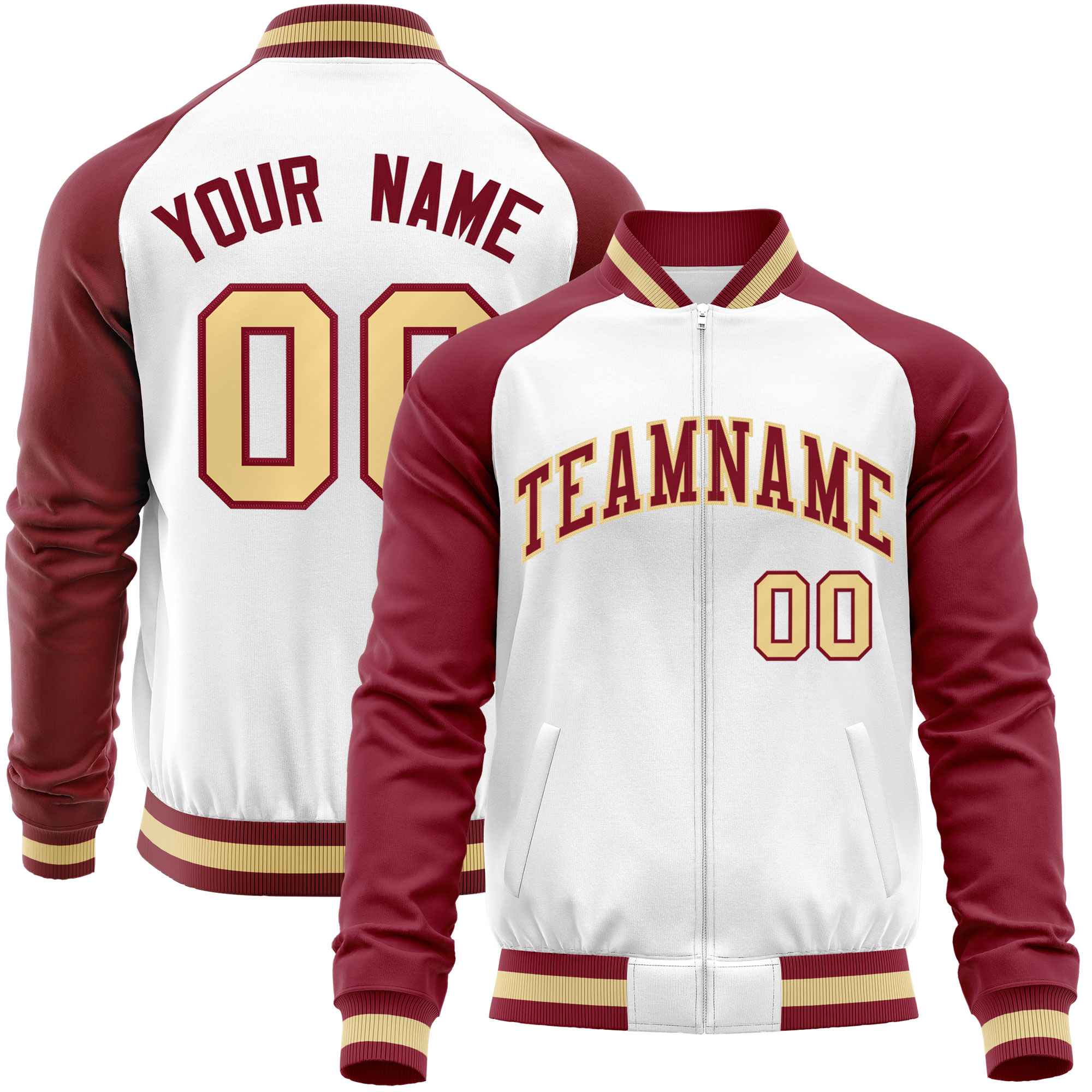 Custom White Crimson Varsity Full-Zip Raglan Sleeves Letterman Baseball Jacket