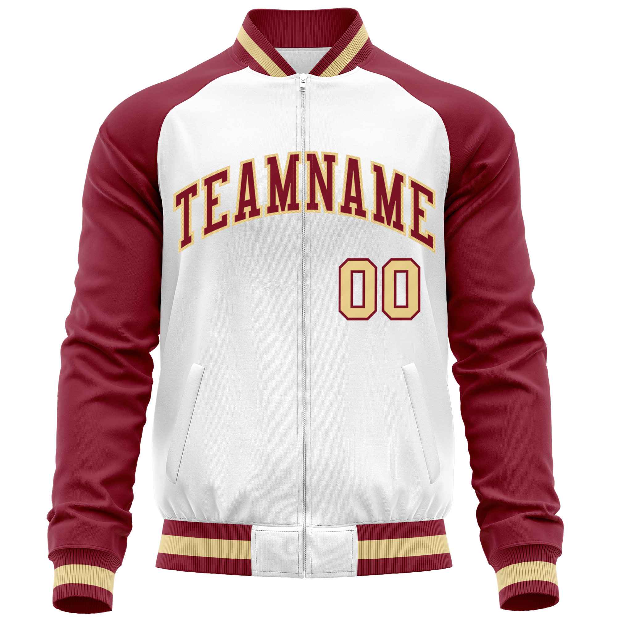 Custom White Crimson Varsity Full-Zip Raglan Sleeves Letterman Baseball Jacket