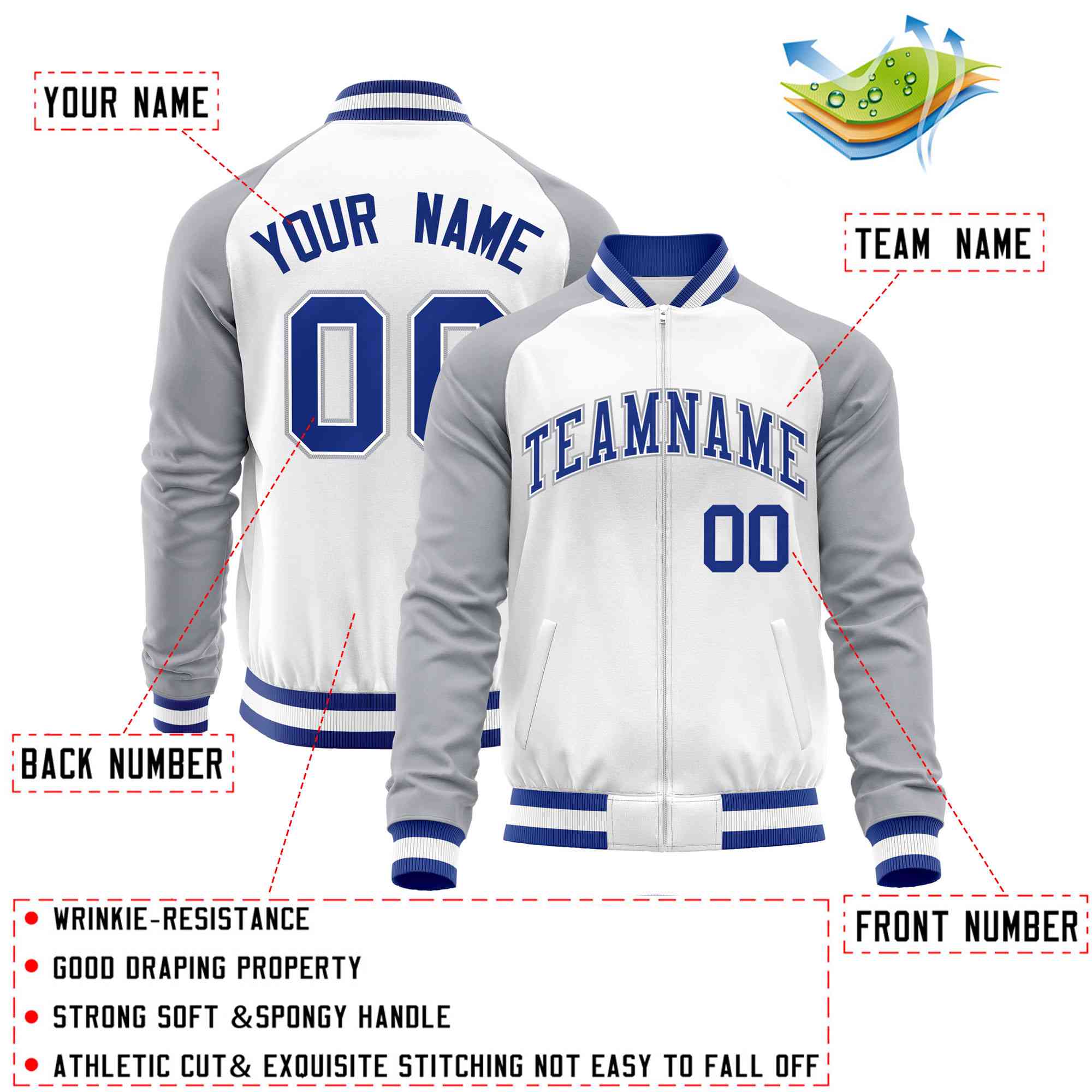 Custom White Gray Varsity Full-Zip Raglan Sleeves Letterman Baseball Jacket