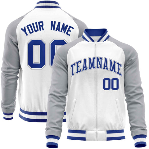 Custom White Gray Varsity Full-Zip Raglan Sleeves Letterman Baseball Jacket