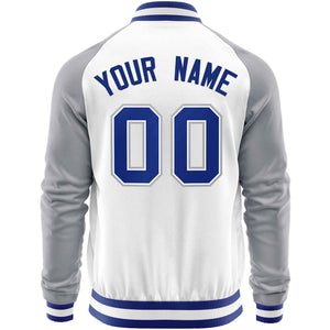 Custom White Gray Varsity Full-Zip Raglan Sleeves Letterman Baseball Jacket