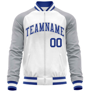 Custom White Gray Varsity Full-Zip Raglan Sleeves Letterman Baseball Jacket