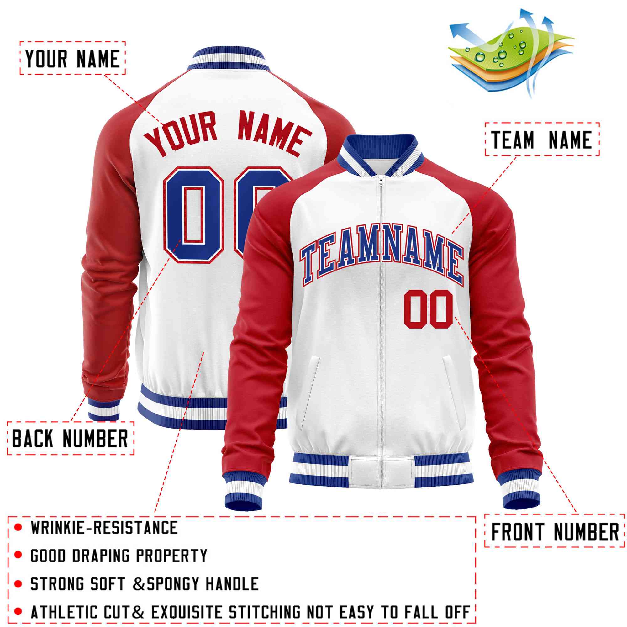 Custom White Red Varsity Full-Zip Raglan Sleeves Letterman Baseball Jacket