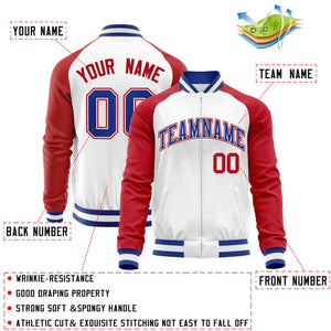 Custom White Red Varsity Full-Zip Raglan Sleeves Letterman Baseball Jacket