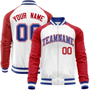 Custom White Red Varsity Full-Zip Raglan Sleeves Letterman Baseball Jacket