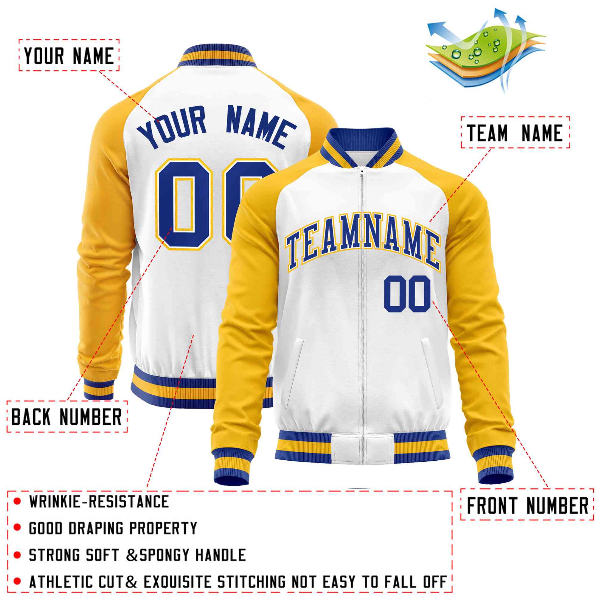 Custom White Yellow Varsity Full-Zip Raglan Sleeves Letterman Baseball Jacket