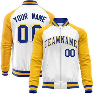 Custom White Yellow Varsity Full-Zip Raglan Sleeves Letterman Baseball Jacket