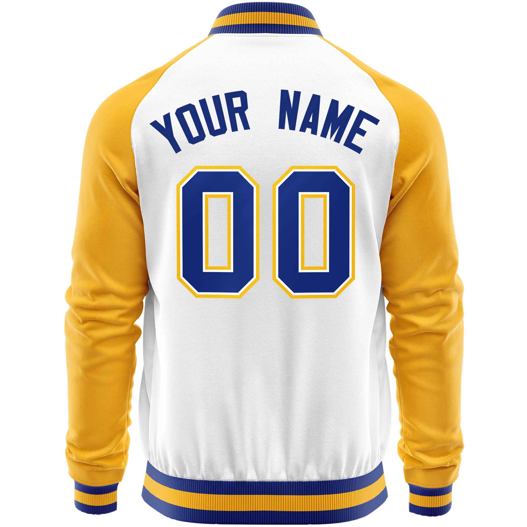 Custom White Yellow Varsity Full-Zip Raglan Sleeves Letterman Baseball Jacket