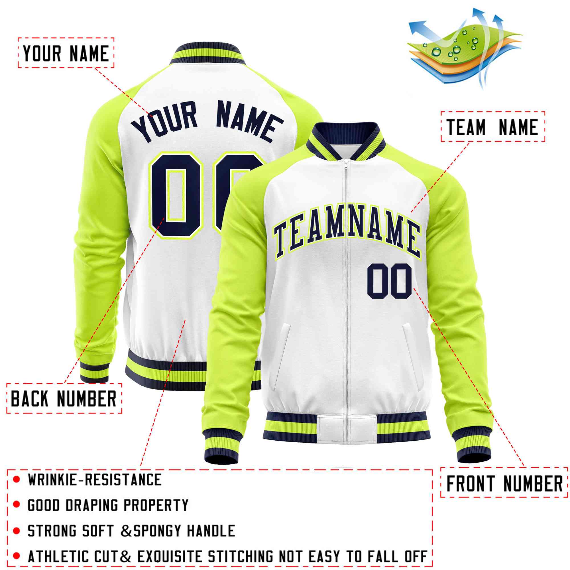 Custom White Neon Green Varsity Full-Zip Raglan Sleeves Letterman Baseball Jacket