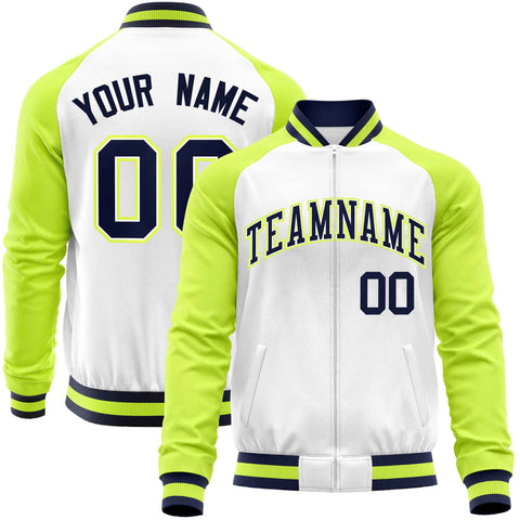 Custom White Neon Green Varsity Full-Zip Raglan Sleeves Letterman Baseball Jacket