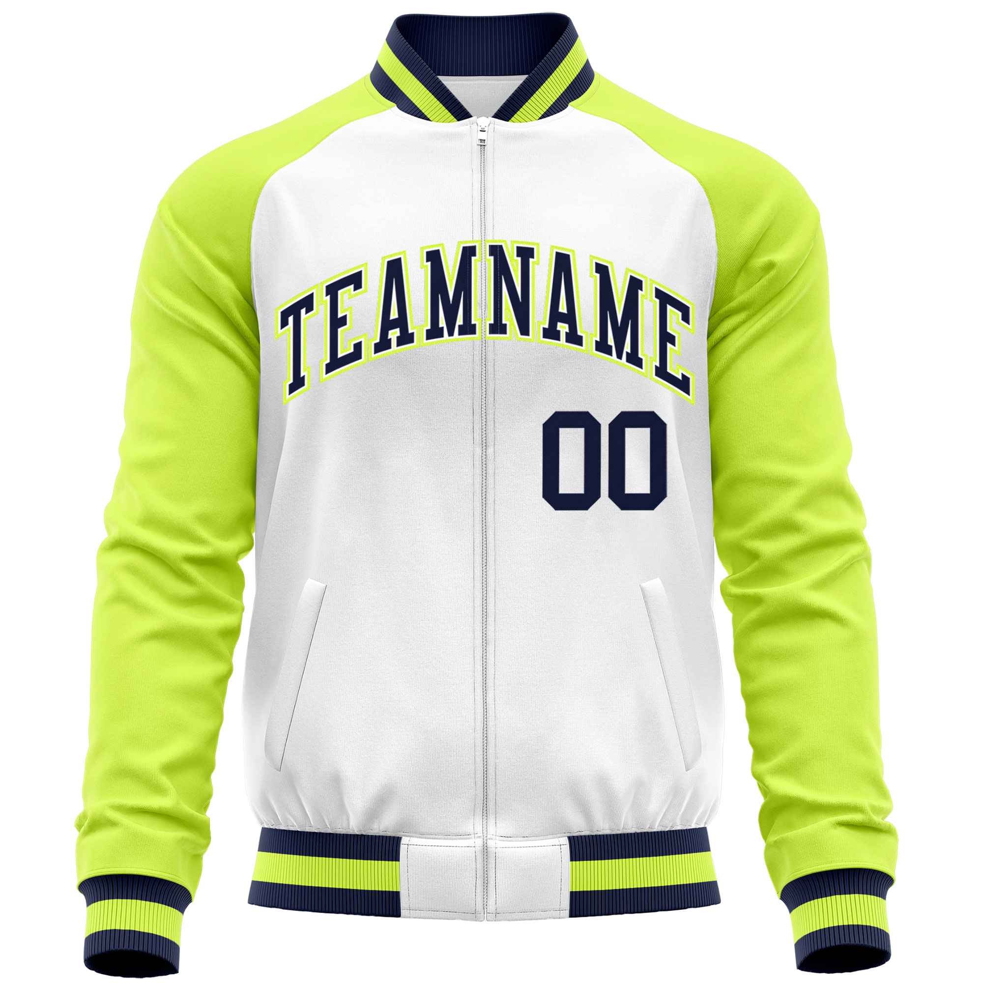 Custom White Neon Green Varsity Full-Zip Raglan Sleeves Letterman Baseball Jacket