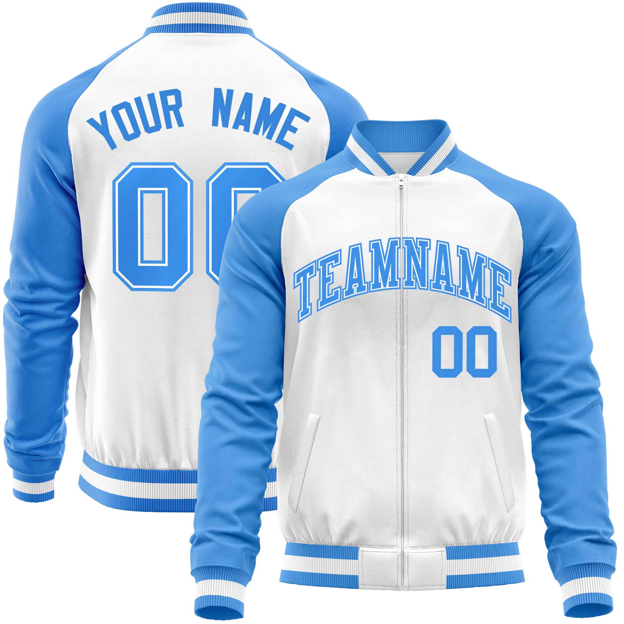 Custom White Powder Blue Varsity Full-Zip Raglan Sleeves Letterman Baseball Jacket