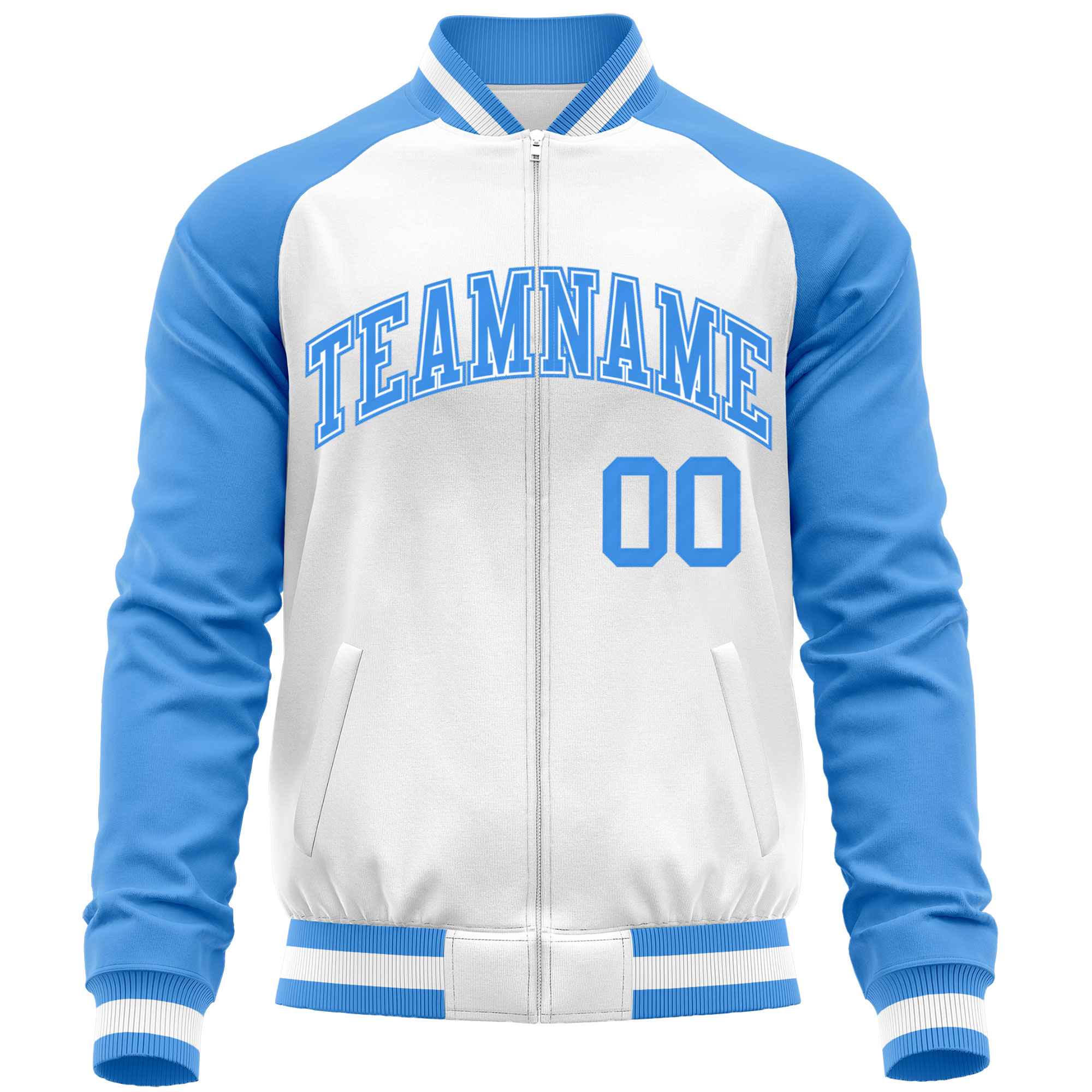 Custom White Powder Blue Varsity Full-Zip Raglan Sleeves Letterman Baseball Jacket