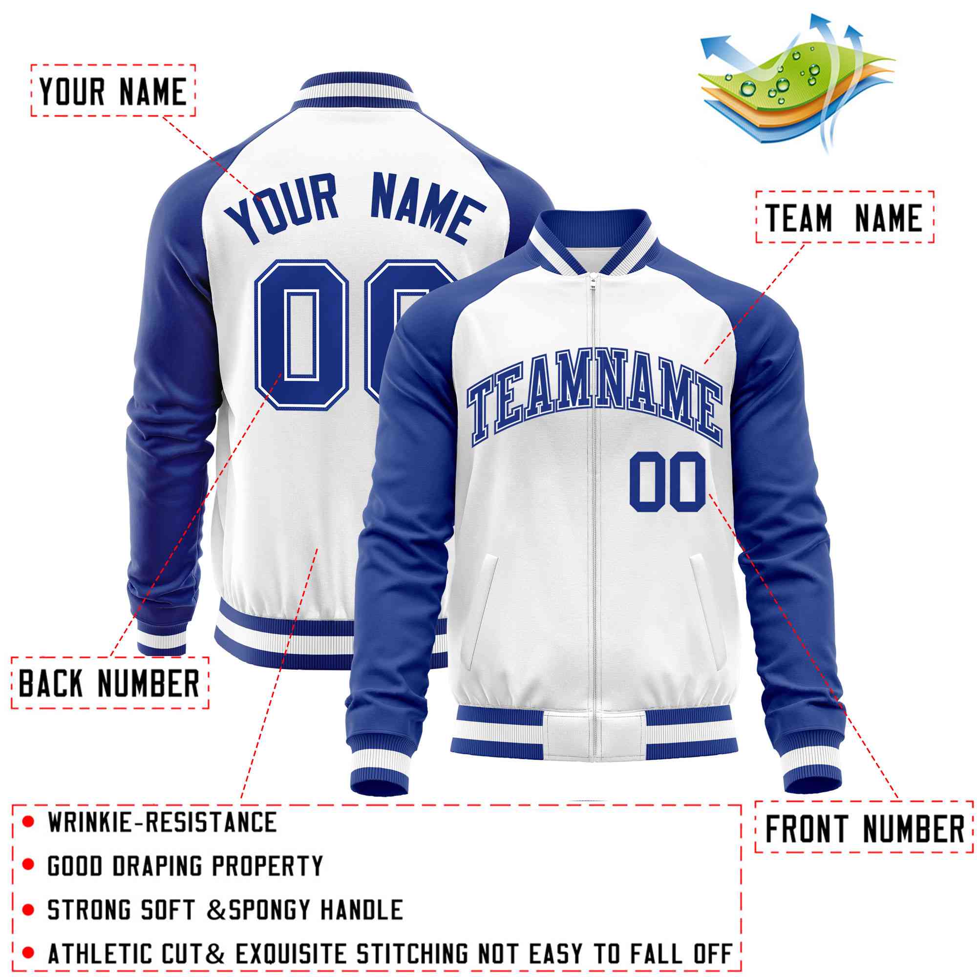 Custom White Royal Varsity Full-Zip Raglan Sleeves Letterman Baseball Jacket