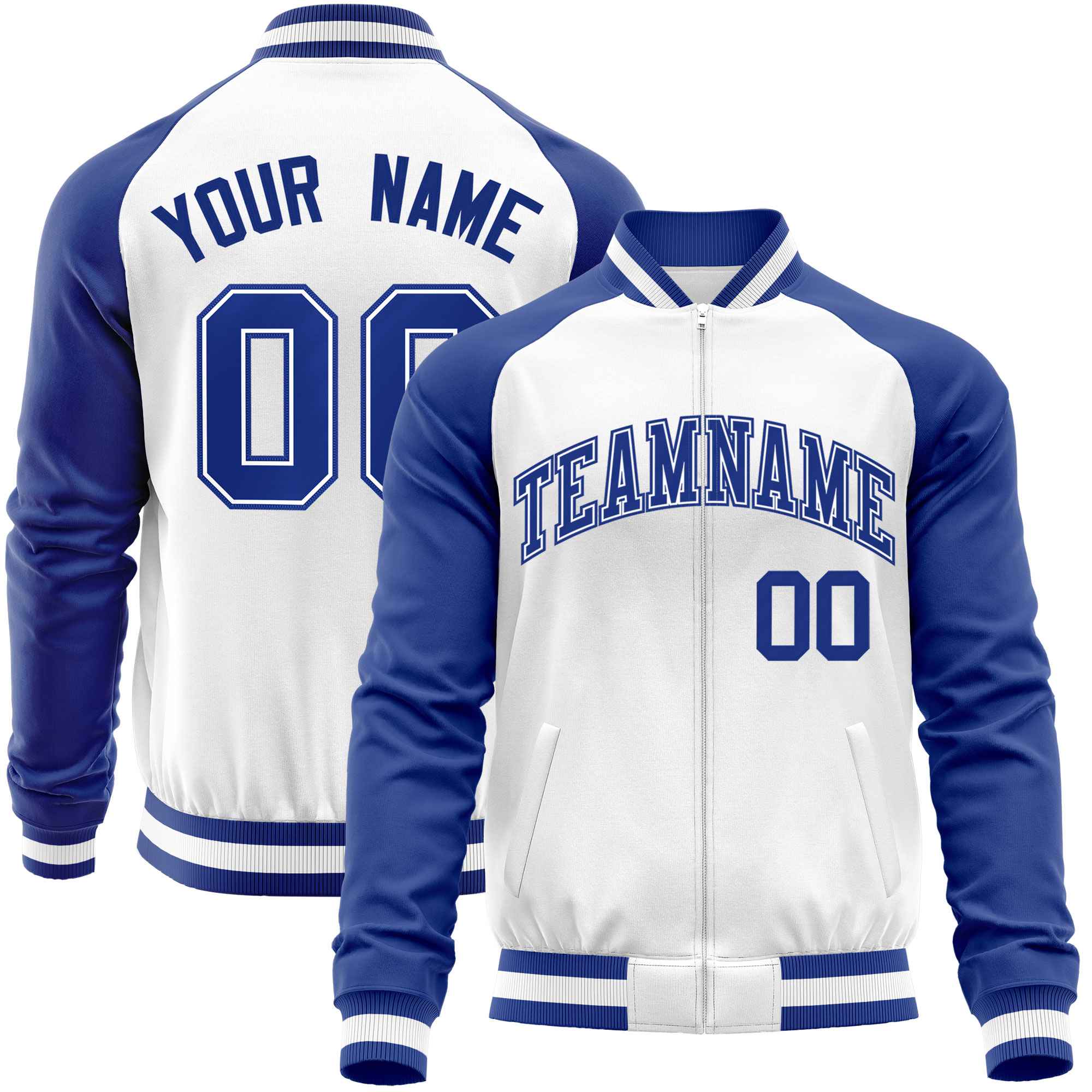 Custom White Royal Varsity Full-Zip Raglan Sleeves Letterman Baseball Jacket