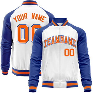 Custom White Royal Varsity Full-Zip Raglan Sleeves Letterman Baseball Jacket