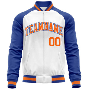 Custom White Royal Varsity Full-Zip Raglan Sleeves Letterman Baseball Jacket