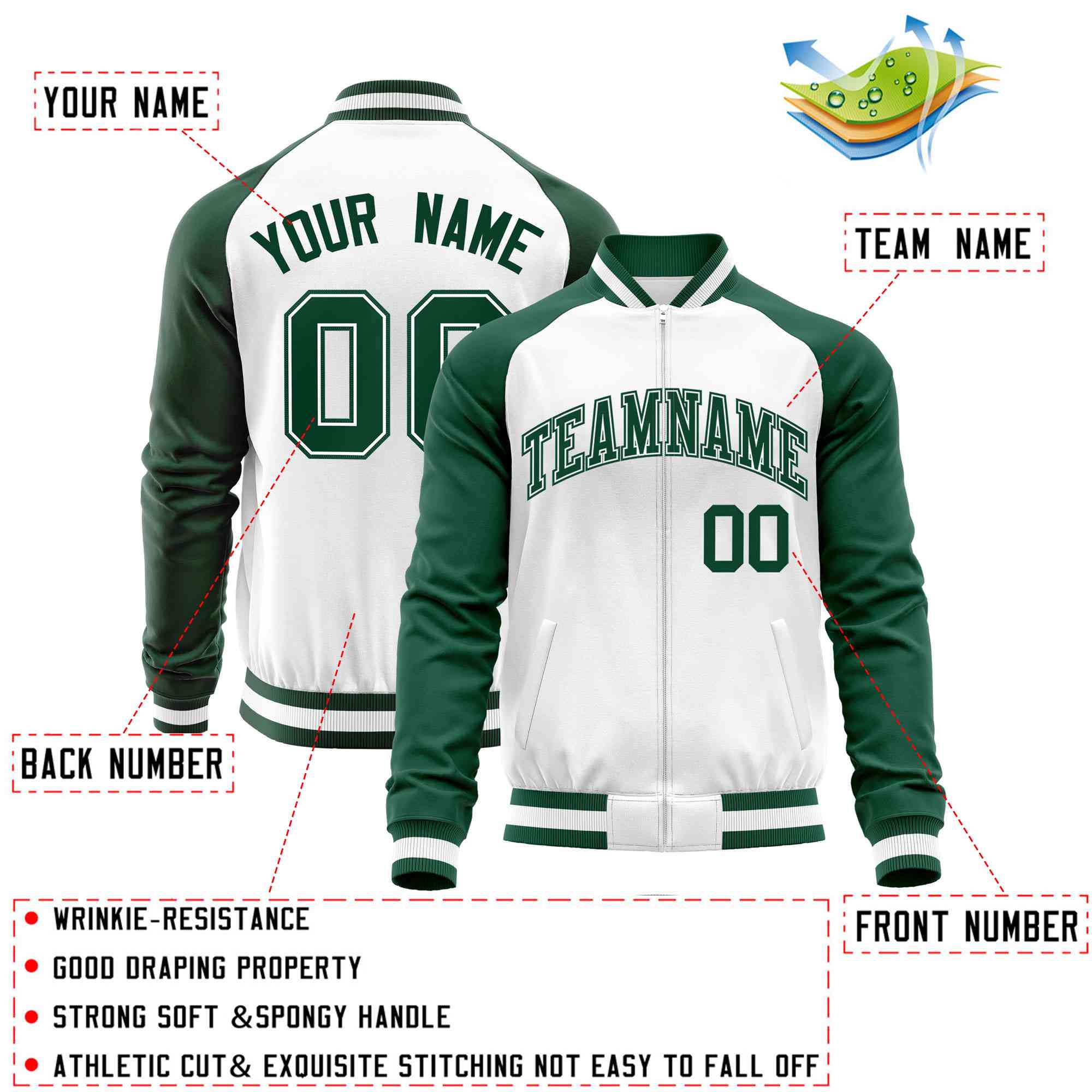 Custom White Green Varsity Full-Zip Raglan Sleeves Letterman Baseball Jacket