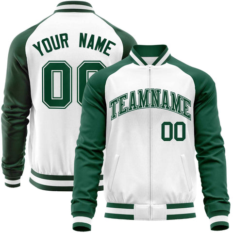 Custom White Green Varsity Full-Zip Raglan Sleeves Letterman Baseball Jacket