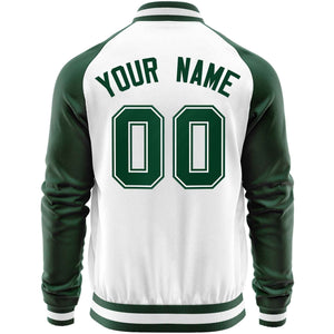 Custom White Green Varsity Full-Zip Raglan Sleeves Letterman Baseball Jacket