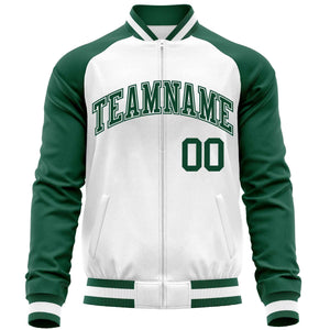 Custom White Green Varsity Full-Zip Raglan Sleeves Letterman Baseball Jacket