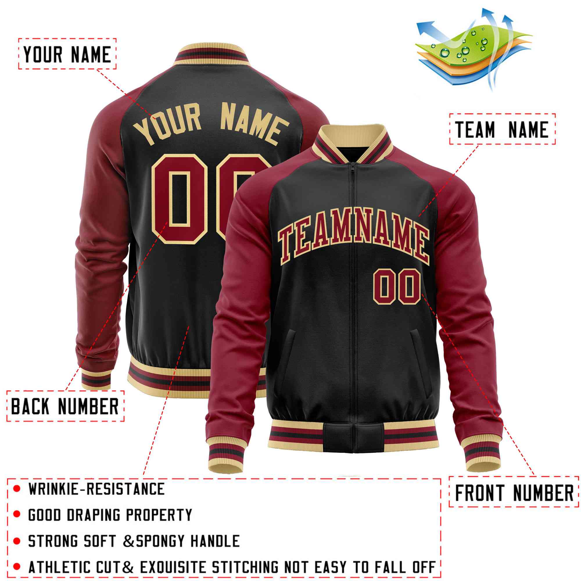 Custom Black Crimson Varsity Full-Zip Raglan Sleeves Letterman Baseball Jacket