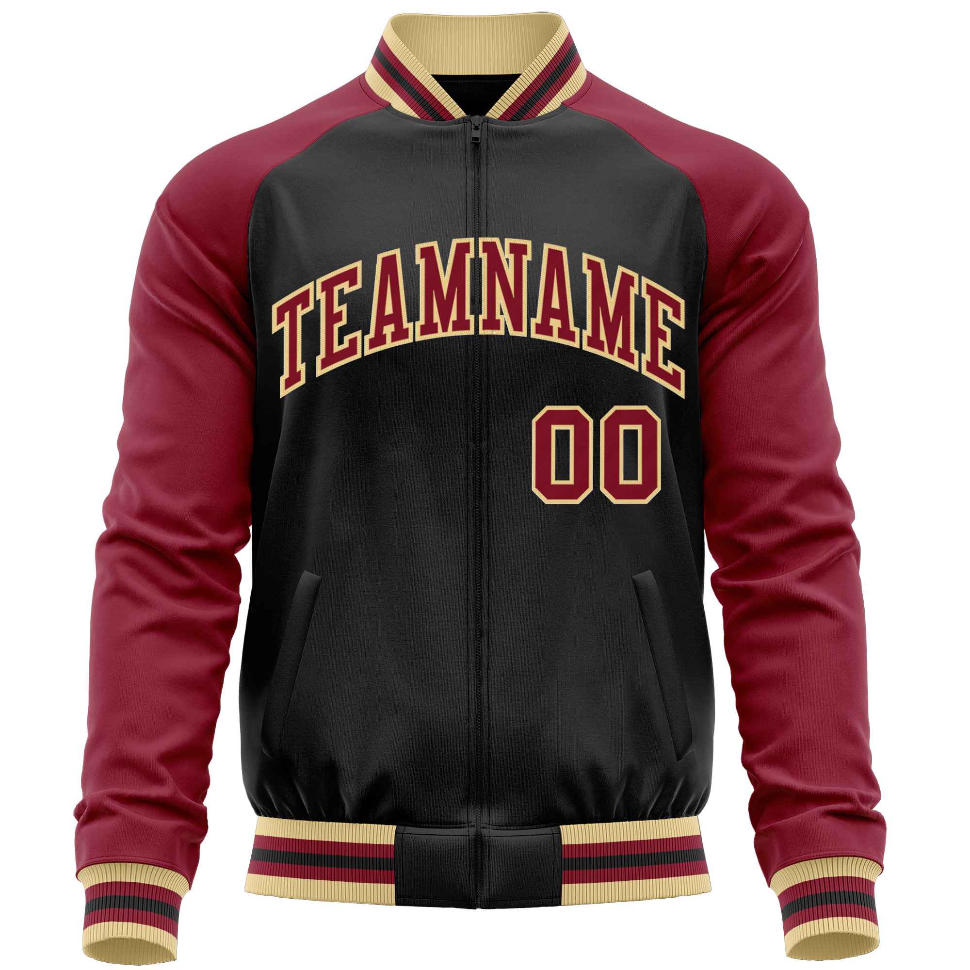 Custom Black Crimson Varsity Full-Zip Raglan Sleeves Letterman Baseball Jacket