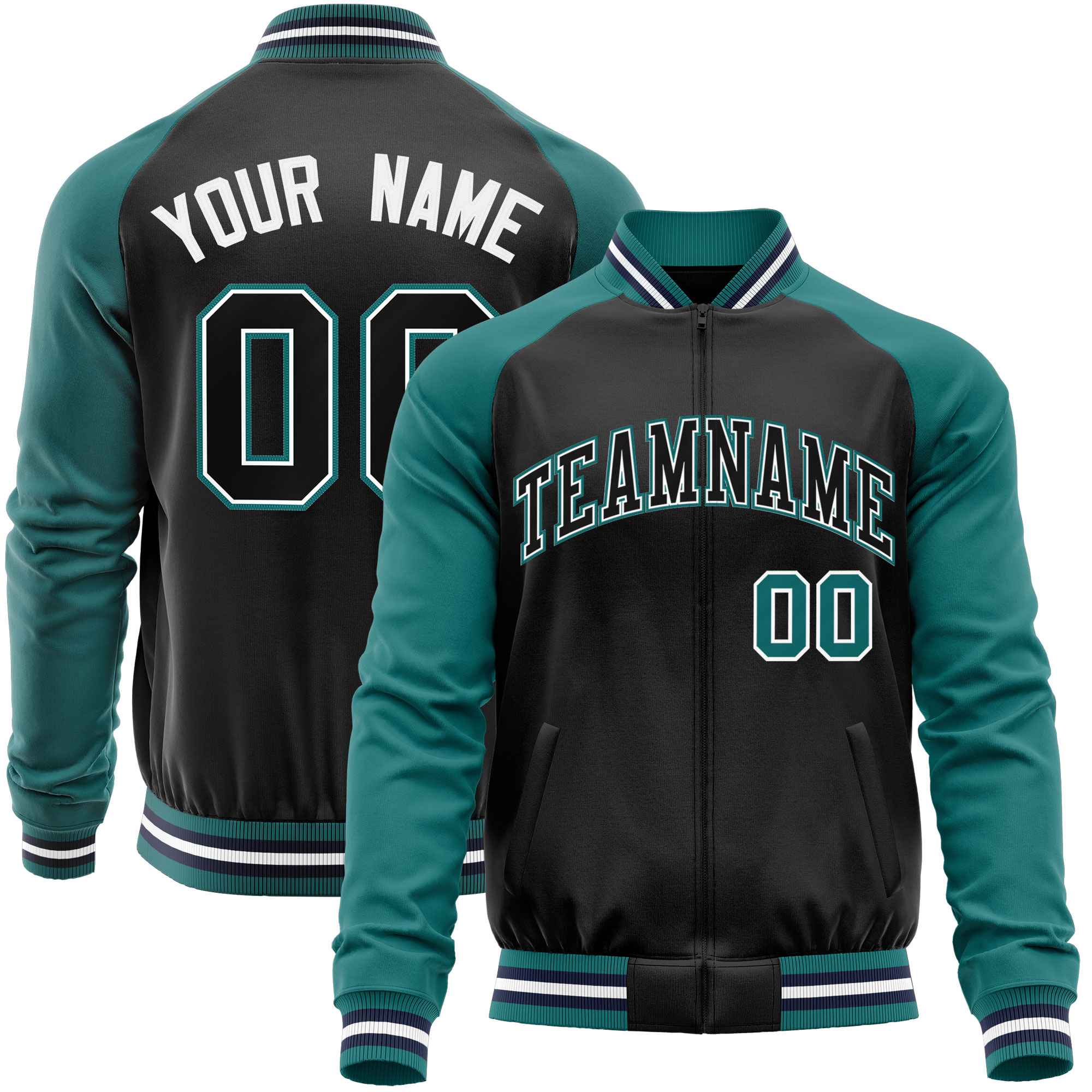 Custom Black Aqua Varsity Full-Zip Raglan Sleeves Letterman Baseball Jacket