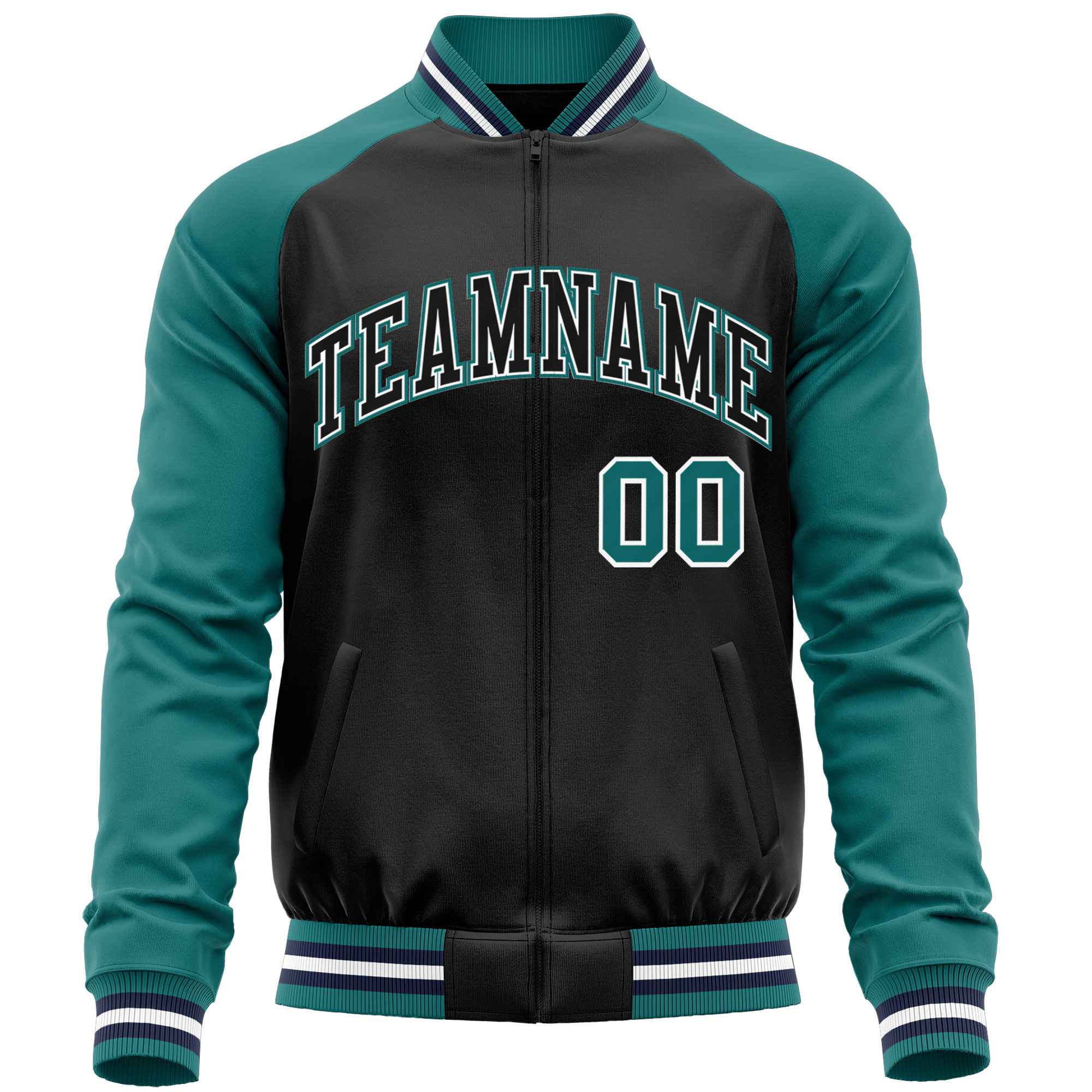 Custom Black Aqua Varsity Full-Zip Raglan Sleeves Letterman Baseball Jacket