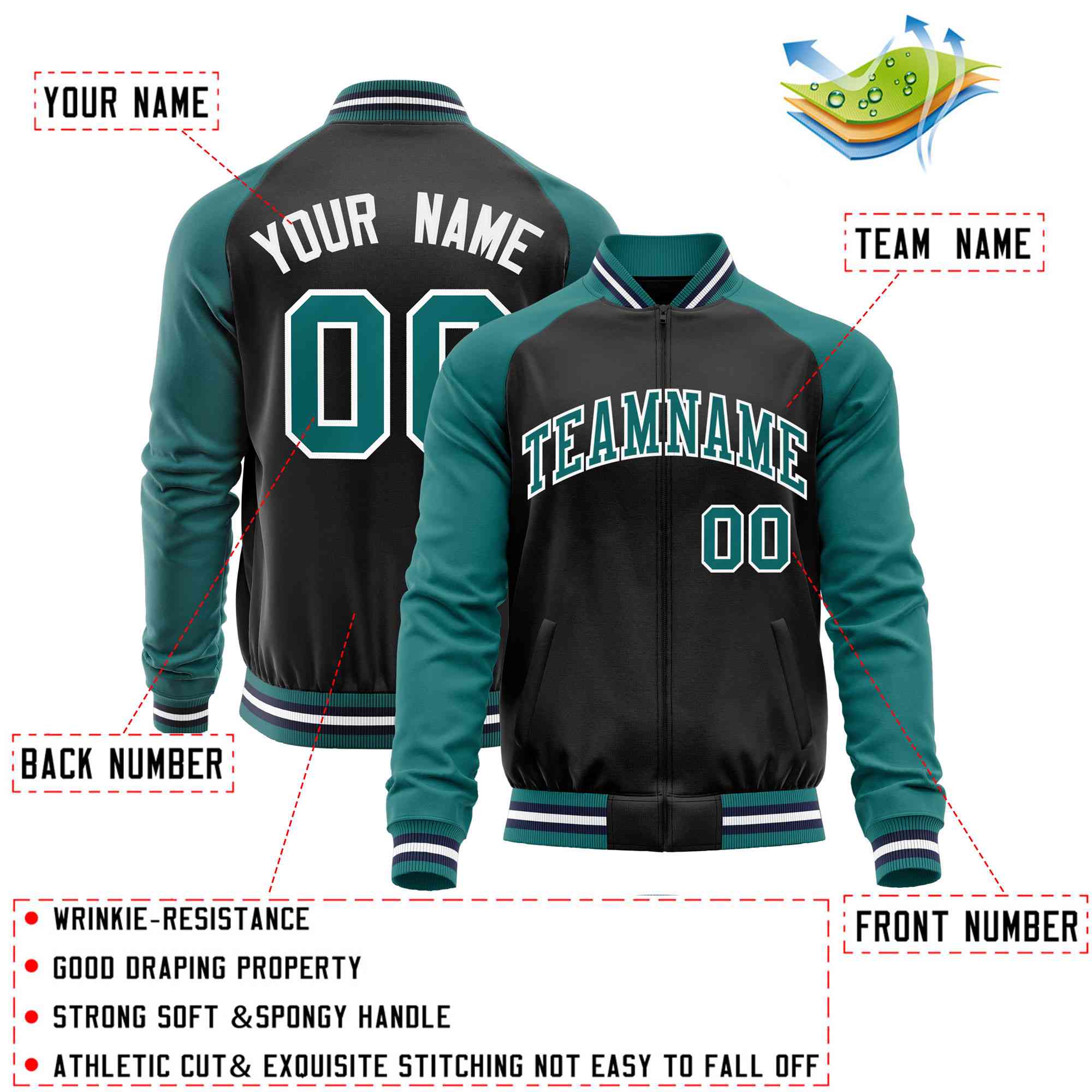 Custom Black Aqua Varsity Full-Zip Raglan Sleeves Letterman Baseball Jacket