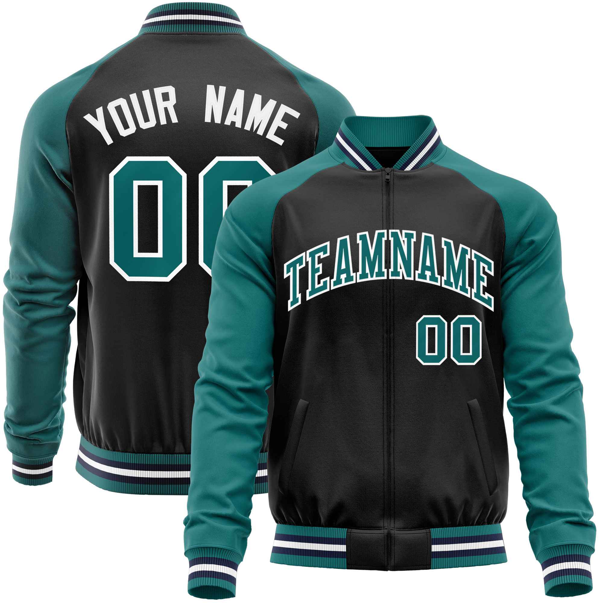 Custom Black Aqua Varsity Full-Zip Raglan Sleeves Letterman Baseball Jacket