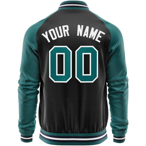 Custom Black Aqua Varsity Full-Zip Raglan Sleeves Letterman Baseball Jacket